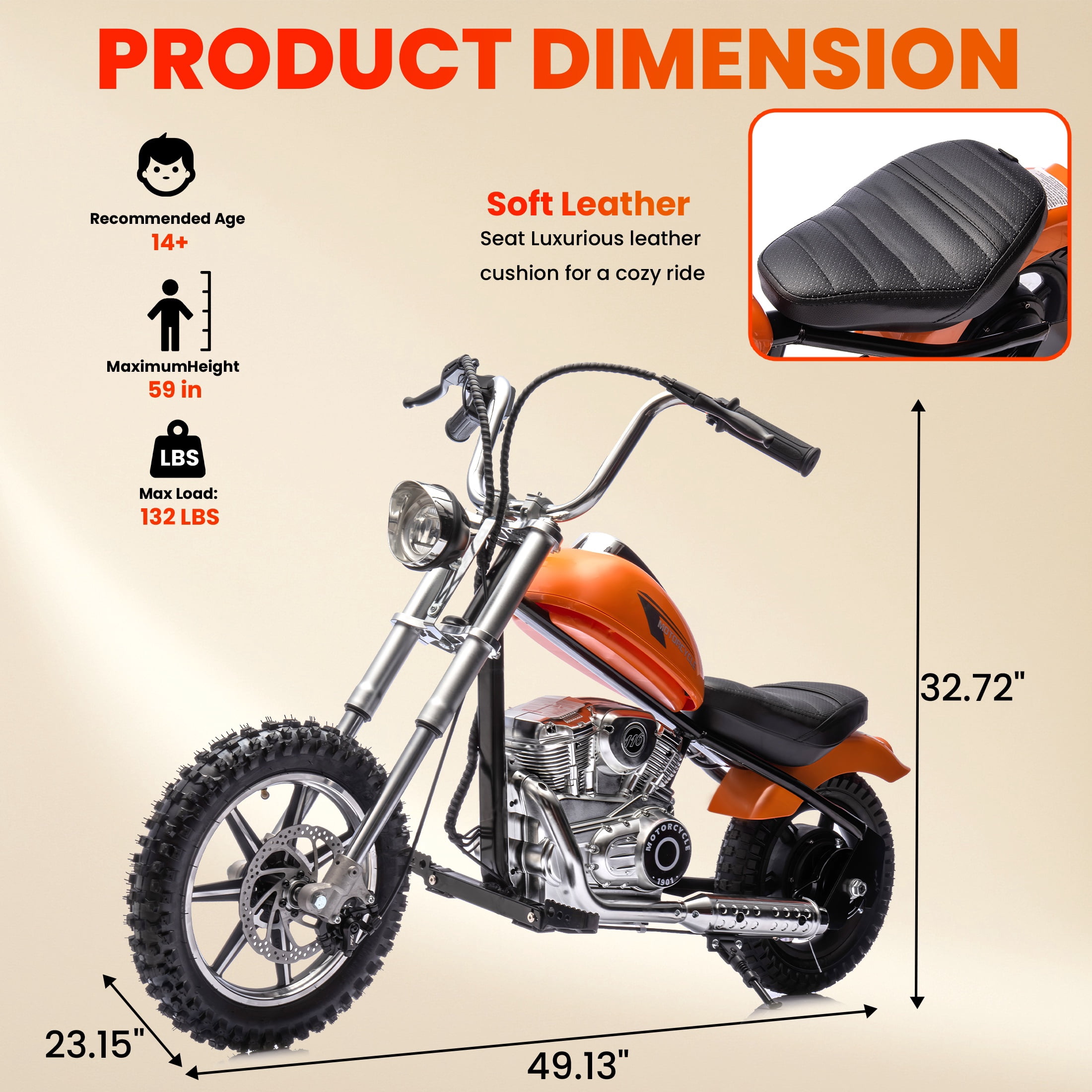 36V Power Ride on Motorcycle for Teen, Kids Electric Motorcycle with Front Wheel suspension, LED Light, Top Speed 13.6 Mph, Electric Dirt Bike for Boys Girls, Oranger