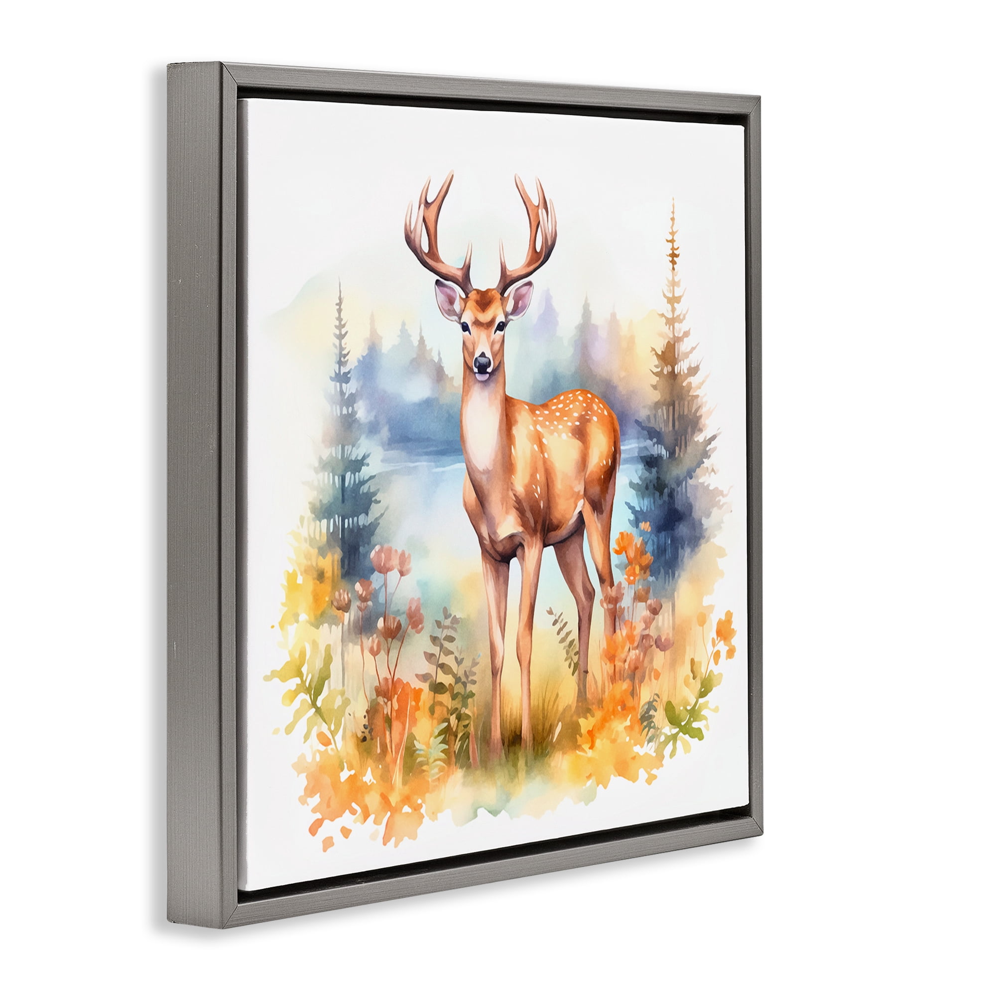 Stupell Industries Wild Deer in Forest Animals Painting Gray Floater Framed Canvas Art Print Wall Art, 18 x 18