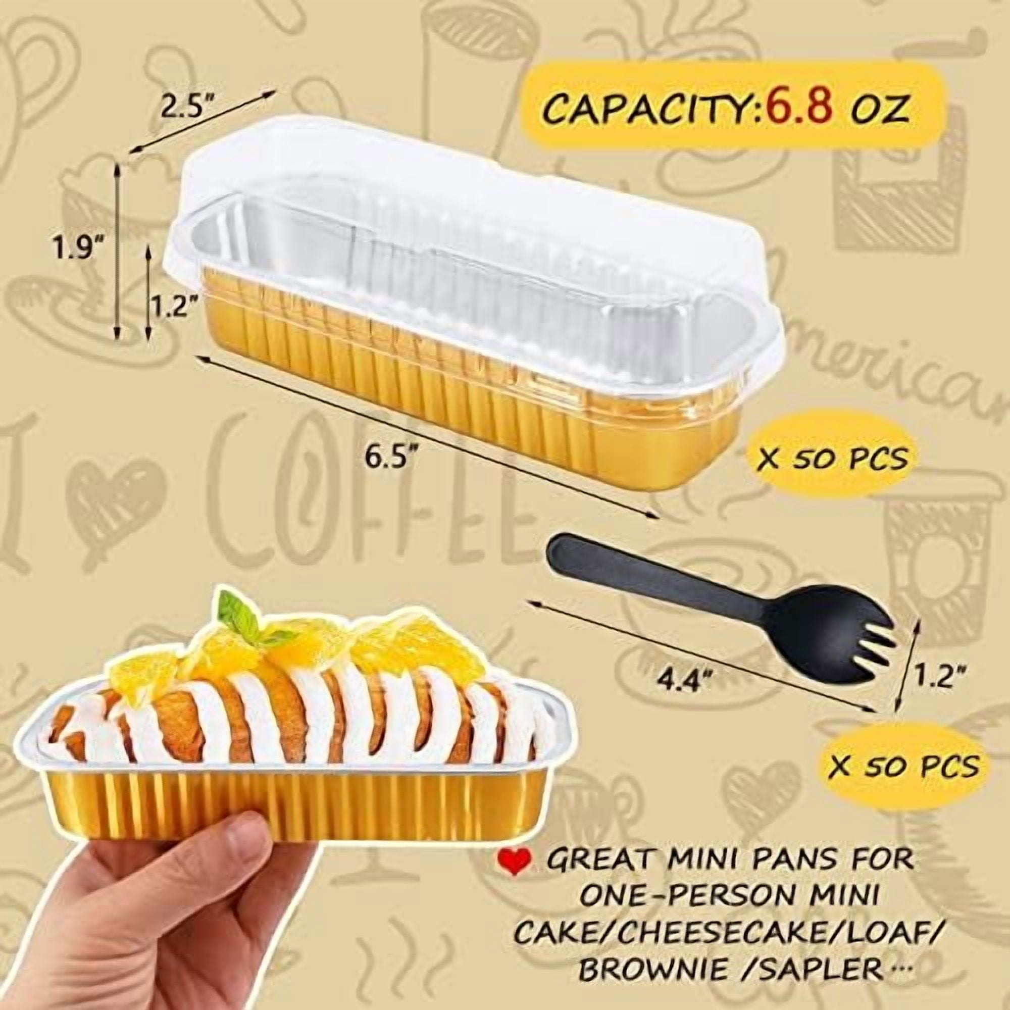 Disposable Foil Mini Pans with Lids 50 Pack, 6.8oz 6.5"x2.5"x1.2" Aluminum Small Loaf Pans,Rectangle Muffin Pan Mini Cake Tins Containers for Bread Loaf -Gold