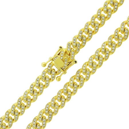 .925 Sterling Silver 9mm CZ Iced Out Miami Cuban Curb Link Bling Chain Necklace Yellow Gold Plated