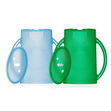 Squeeze Proof Flipping Holder DELUXE with lid 2-Pack for Food Pouches & Juice Boxes (Blue & Green) - Multipurpose Design with Cover - Prevent Messes & Support Self-Feeding - Handles