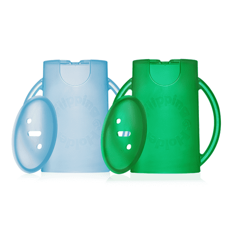 Squeeze Proof Flipping Holder DELUXE with lid 2-Pack for Food Pouches & Juice Boxes (Blue & Green) - Multipurpose Design with Cover - Prevent Messes & Support Self-Feeding - Handles