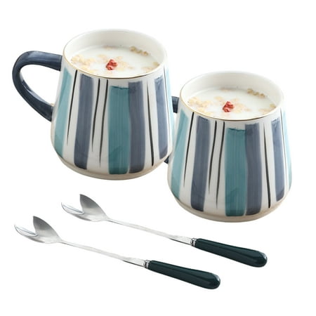 

Haifle Large Ceramic Cup With Handle Porcelain Mug Ceramic Mug Oz Microwave Safe For Office Kitchen-2 Set of Blue Stripe-600ml