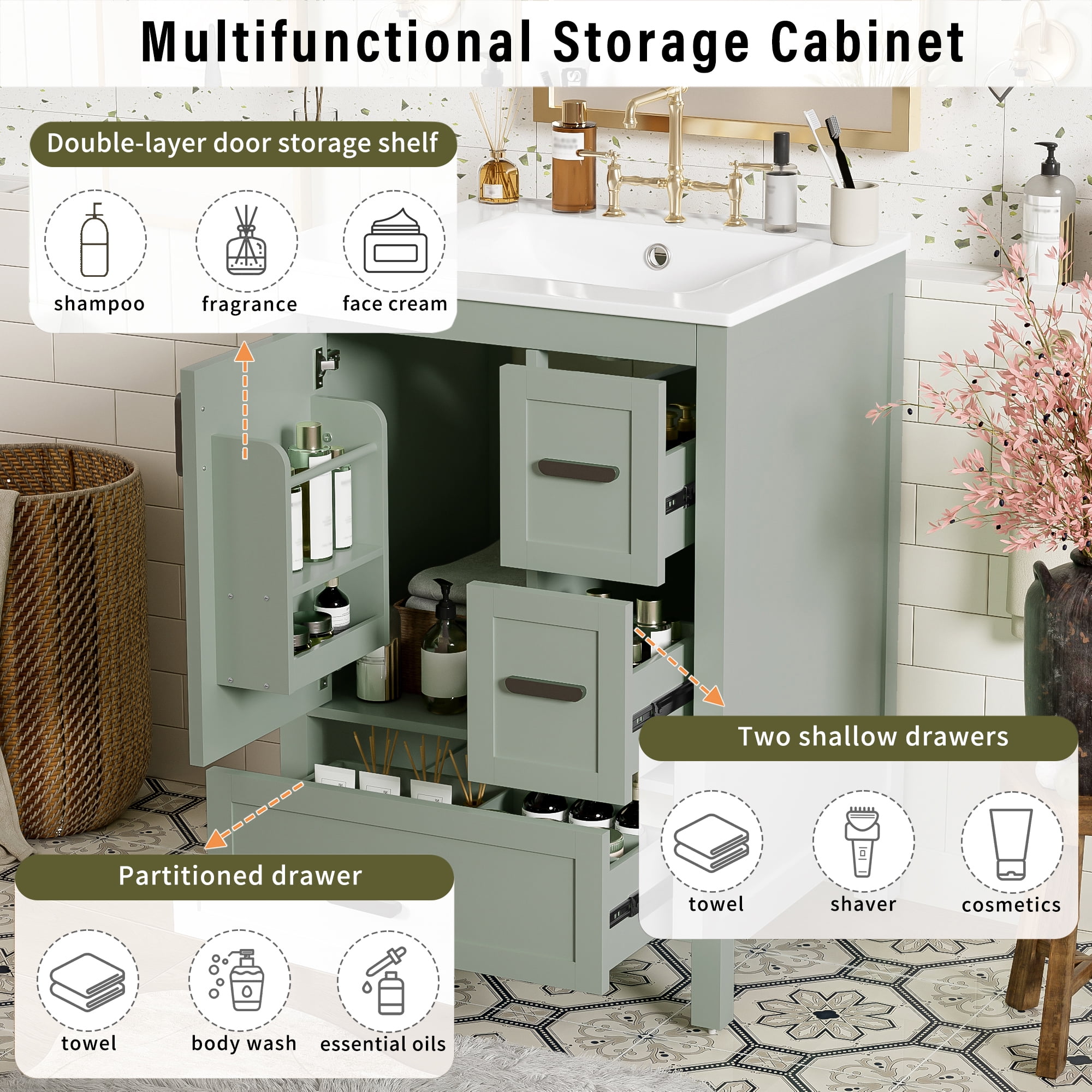 viswild 24" Bathroom Vanity with Ceramic Sink, Soft-Close Door, 3 Drawers & Double Door Shelves for Small Spaces, Green