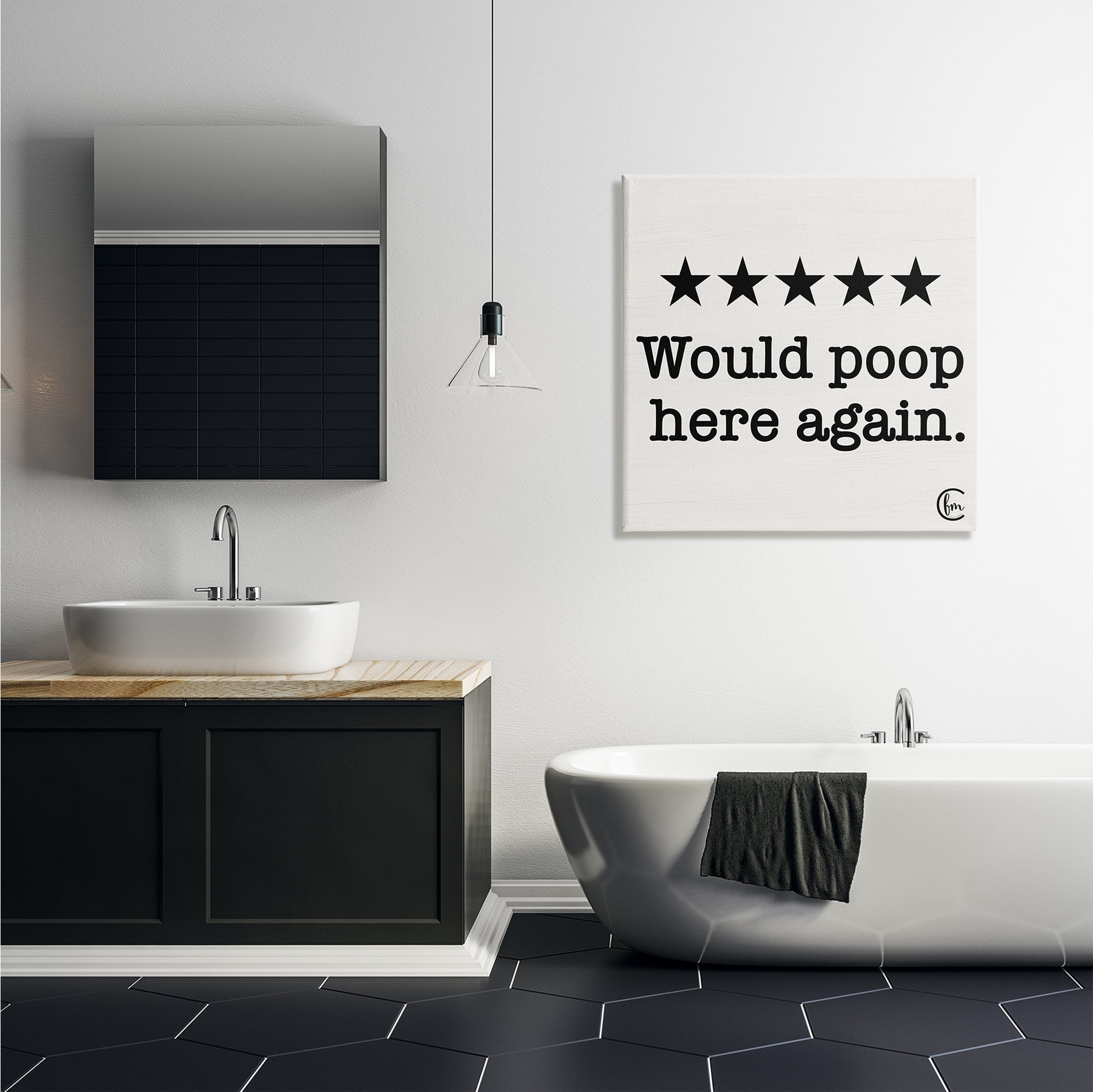 The Stupell Home Decor Collection Bathroom Rating Five Starts Would Poop Here Again Black and White Sign XL Canvas Wall Art