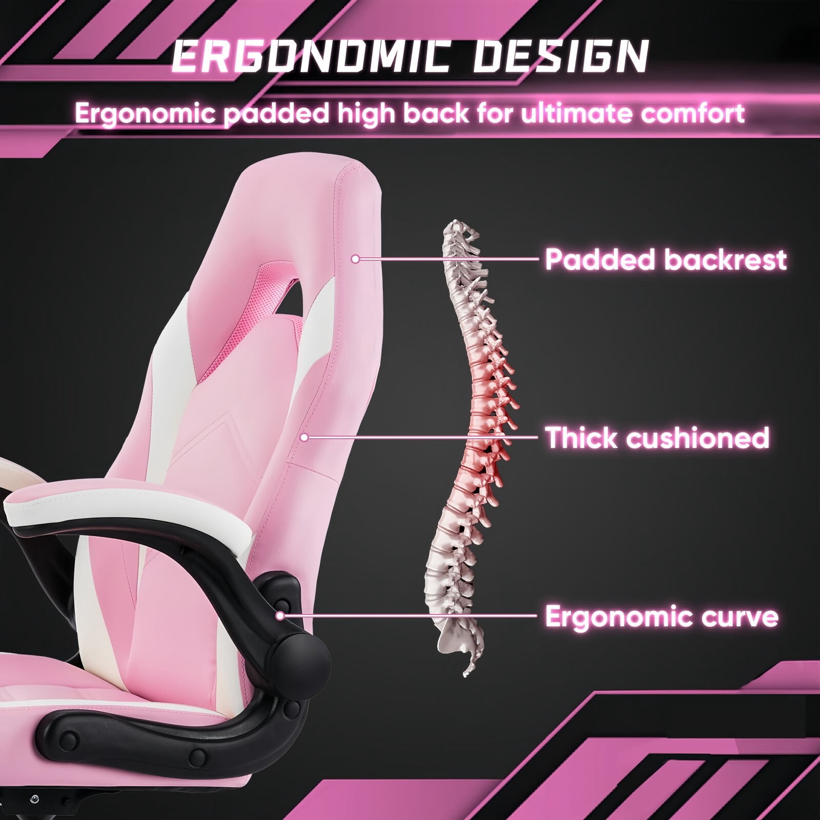 Kelno Ergonomic Gaming Chair PU Leather Computer Desk Chair with Lumbar Support Adjustable Height Flip-Up Armrests Swivel Wheels, Pink