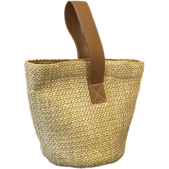 Kukuzhu Small Straw Bucket Bag Women Hand-woven Trendy Beach Shopping Handbag Purse
