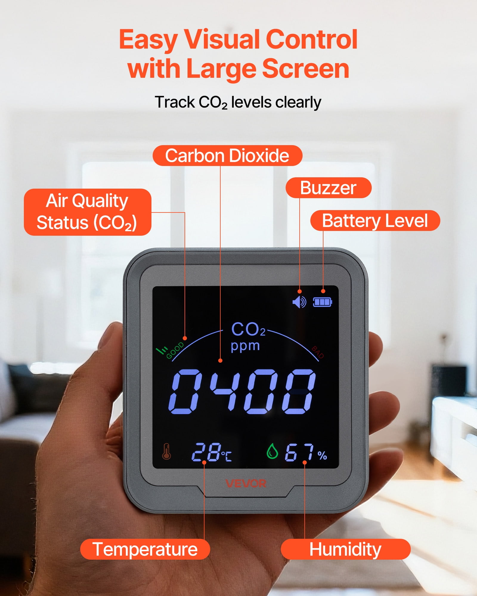 VEVOR Carbon Dioxide Monitor, CO2 Controller with Temperature and Humidity Display, NDIR Sensor, Carbon Dioxide Detector for Bedside, Home, Office, Car, Lightweight & Portable