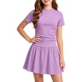 thumbnail image 3 of Tisuna Girls Tennis Outfit Set Kids Solid Color Crew Neck Short Sleeve Tops And Ruffled Skirt Set Breathable Lightweight Child Sport Athletic Clothes Set Size 14-15 Years Purple, 3 of 5