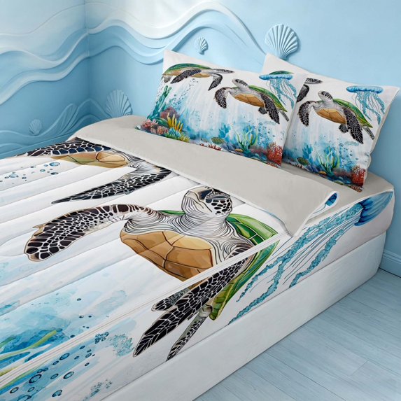 Erosebridal Marine Sea Turtle Zipper Queen Comforter Set with Fitted Sheet and 2 Pillowcases, Coastal Wildlife Zipper Bedding Set, Gray Reversible
