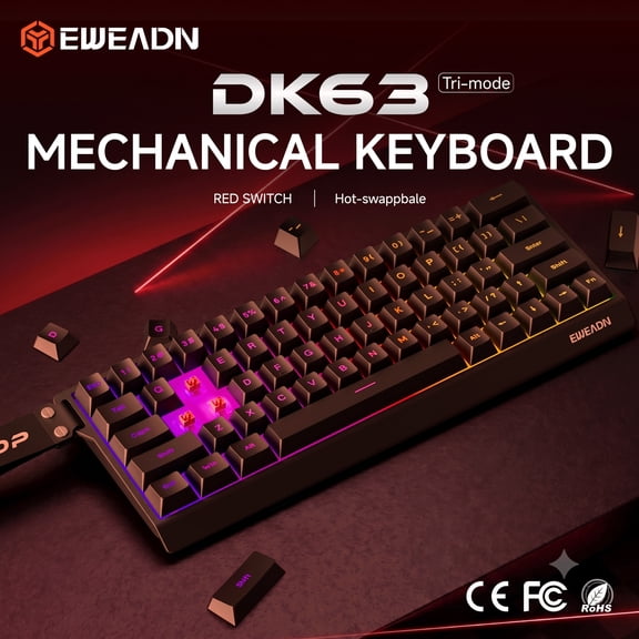 EWEADN 63 Keys Tri-mode Mechanical Gaming Keyboard, Hot Swappable Red Switch RGB Backlit Wireless Compact PC Keyboard
