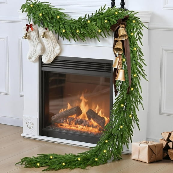 Guvpev 2Pcs Artificial Norfolk Pine Garlands with LED Lights, 9FT Real Touch Faux Winter Pine Greenery Garland, Lighted Christmas Garland for Mantel, Table, Indoor Outdoor Xmas Decorations