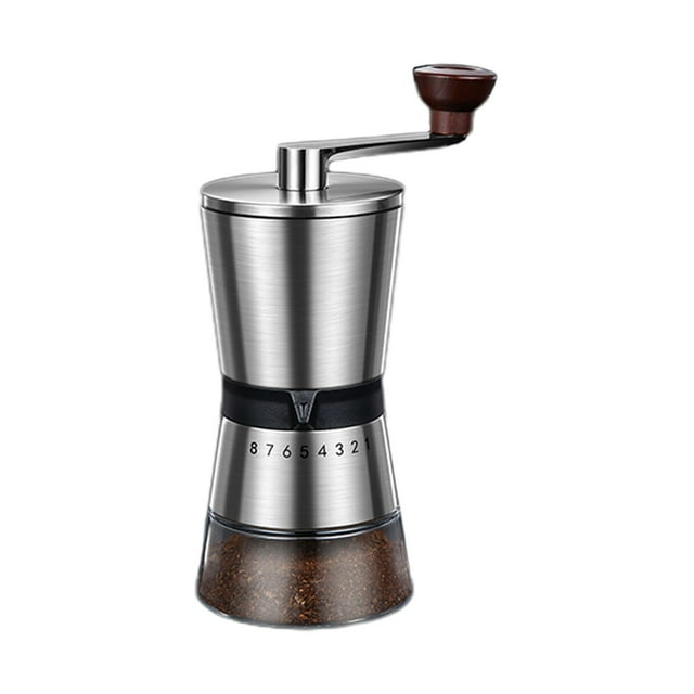 Un Moulin à Café Manuel Portable en Acier Inoxydable avec Meule en Céramique, 8 Réglages Réglables pour la Maison et les Voyages, Comprend un Pot en Verre pour Poudre