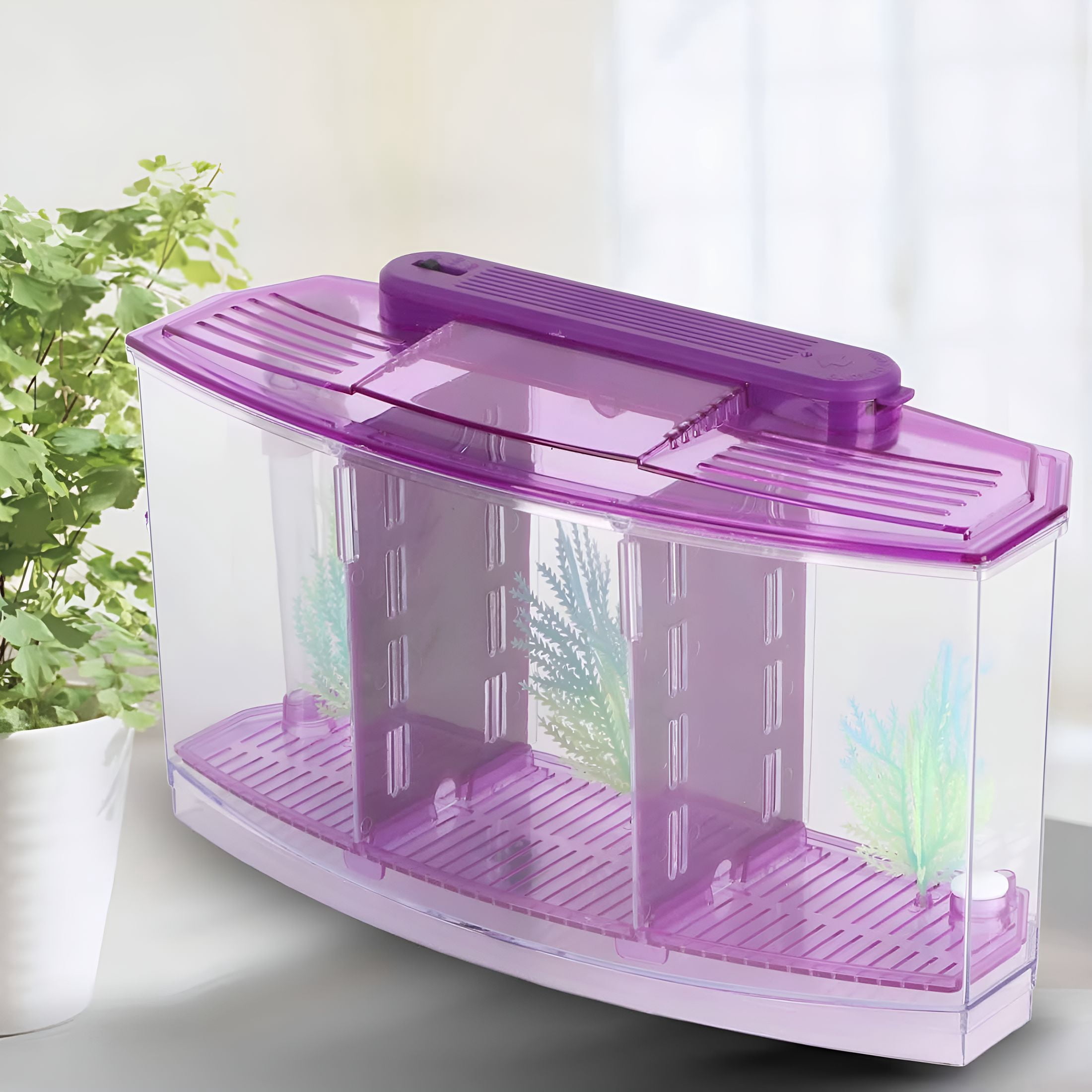 ACDANC Mini Aquarium, Tank Divider with LED Light Filter, Small Fish Tank for Betta Fry Isolation, Acrylic Plastic Aquarium Kit, Portable Desktop Fish Bowl for Home Office