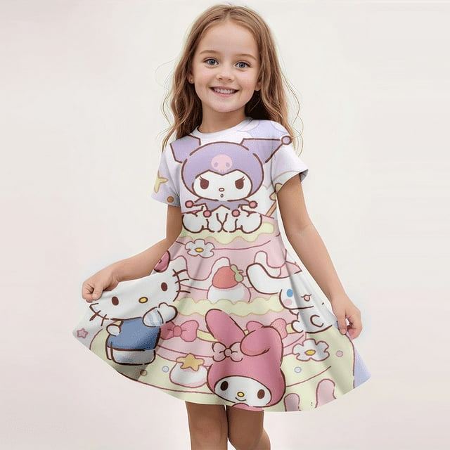 Nouvel Été Kuromi & Hello Kitty Robe Print Parti Robes Enfants Filles Cadeaux d'Anniversaire Enfants Robe Fille Vêtements de Mode FGS