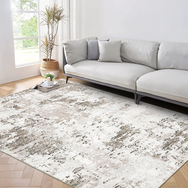 Ultra Soft Modern Abstract Area Rug 5x7 Ft - Faux Wool Low Pile Carpet - Machine Washable Non Slip Floor Rug - Spot Resistant for Living Room Bedroom Office - Easy Clean Durable Design - Beige