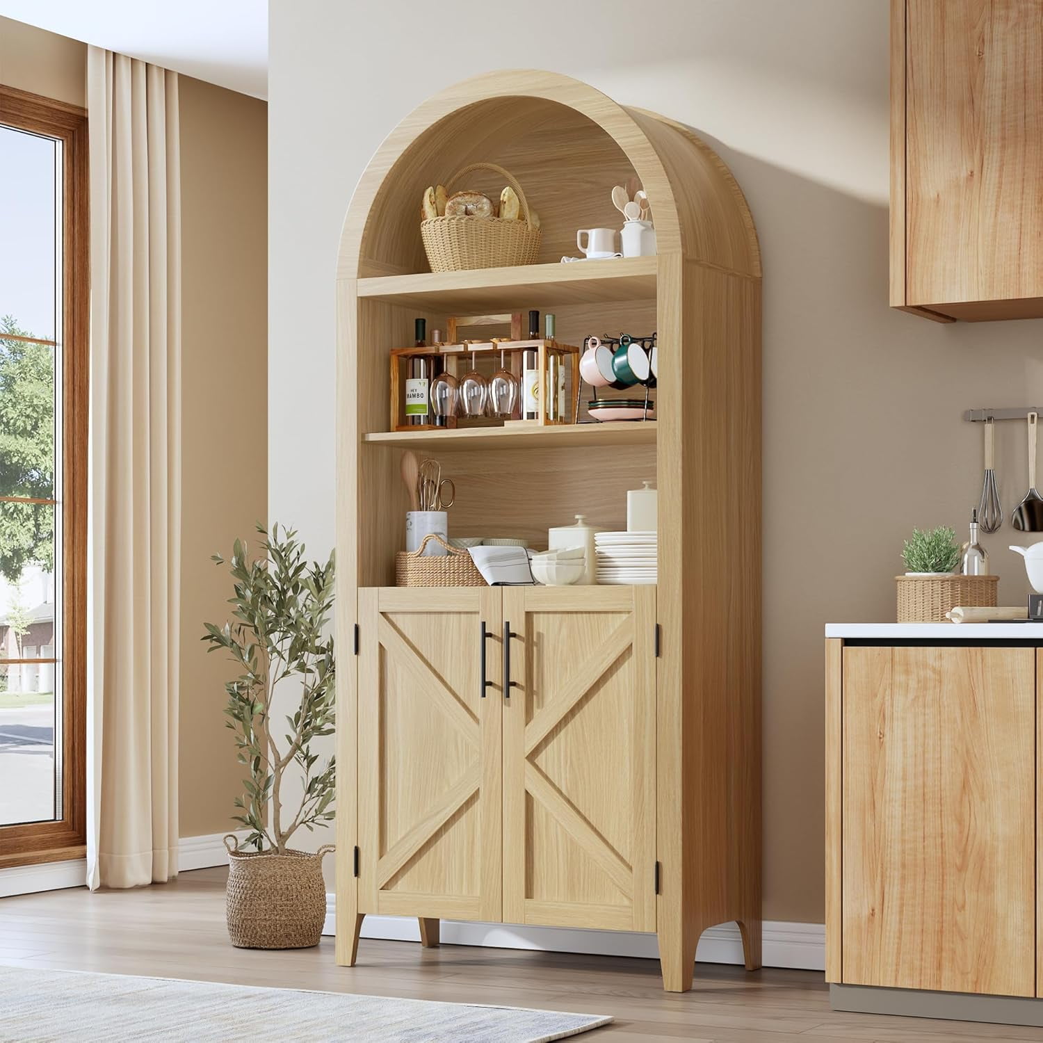 BouPower Arched Pantry Cabinet with Open Display Shelf,Kitchen Cabinet with Doors,Versatile Cupboard for Kitchen Dining Room