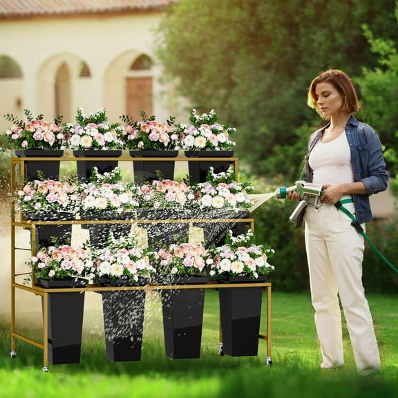 Flower Display Stand with Buckets,3-Tier Flower Stand,Heavy Duty Flower Cart Display Stand with Wheels for Indoor Flower Shop,Flower Bar,Outdoor Flower Pop-Up Events Flower Bouquet Stand