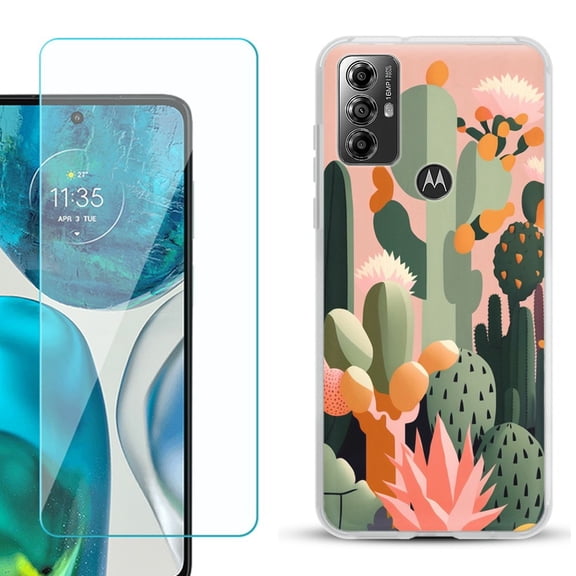 OneToughShield ® for Motorola Moto G Play 2023 Shockproof Fashion Phone Case, with Tempered Glass Screen Protector - Cactus