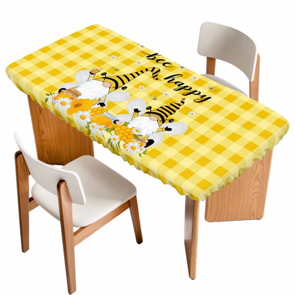 Yellow Bees Gnomes Table Cloths for 3 Foot Rectangle Tables, Spring Floral Plaid Farmhouse Patio Waterproof Elastic Fitted Tablecloths, Washable Rectangular Table Cover for Camping