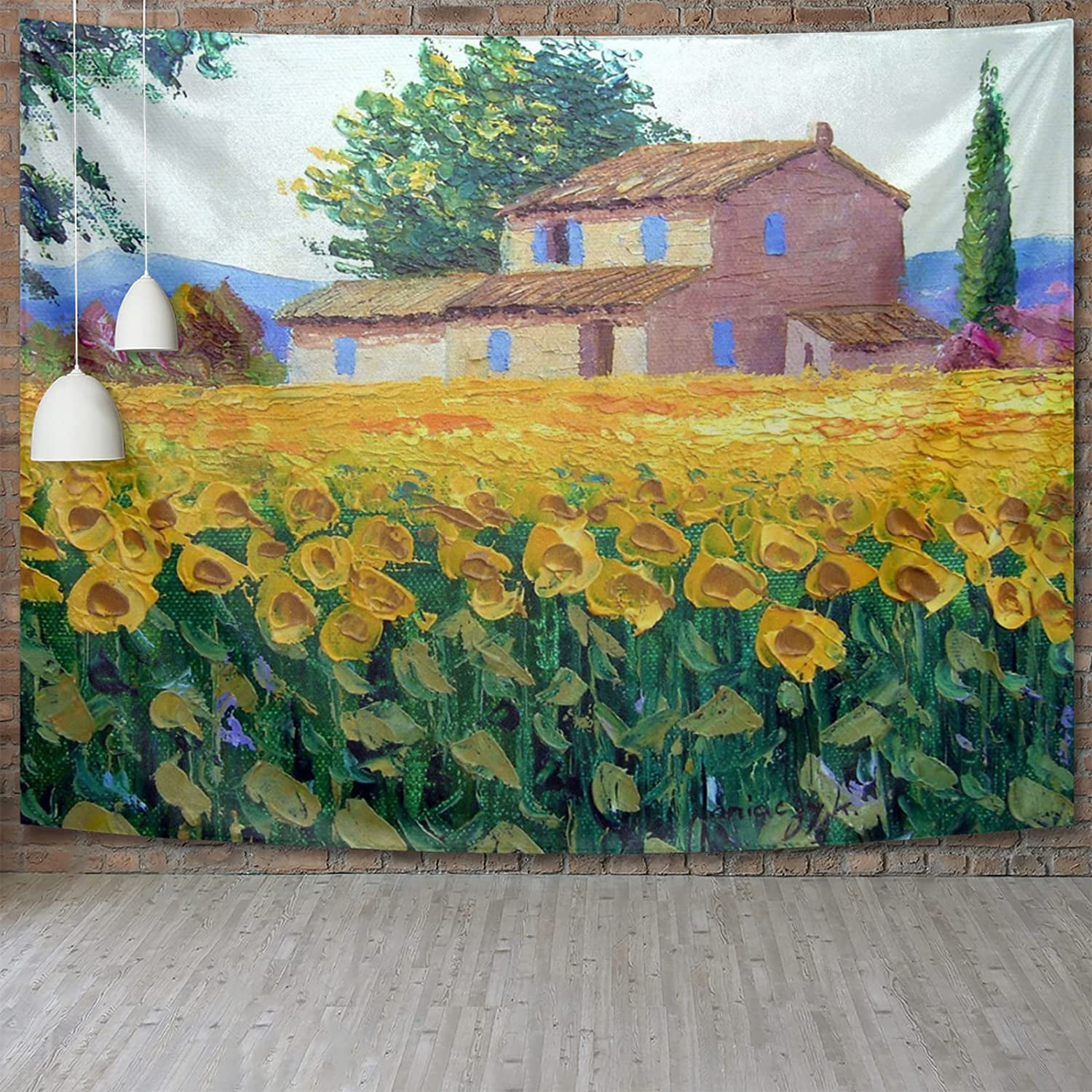 Oil Painting Sunflower Farm Wall Tapestry，Home Decor Aesthetic Tapestry,  Durable Wall Hanging Tapestry For Bedroom Living Room Dorm Yoga Room Funny  Decoration 