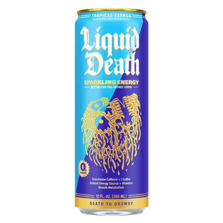 Liquid Death Sparkling Energy - Tropical Terror (Classic Piña Colada), Zero Sugar Energy Drink, Unextreme Caffeine 100mg, Essential Vitamins, 12 fl oz