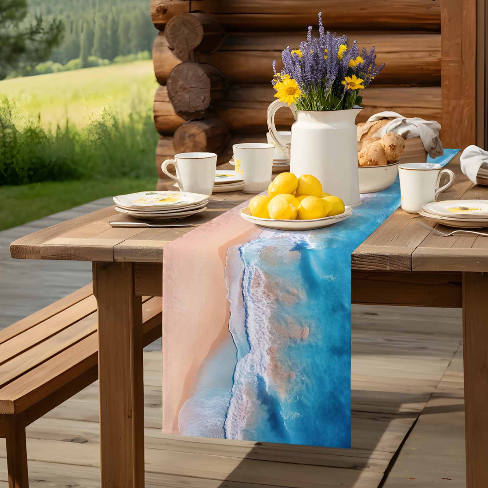 Abstract Ocean Coastal Beach Table Runner 90 Inches Long, Summer Blue White Sea Wave Painting Table Runners Tabletop Scarf Kitchen Dining Tables Decoration for Home Party Indoor Outdoor
