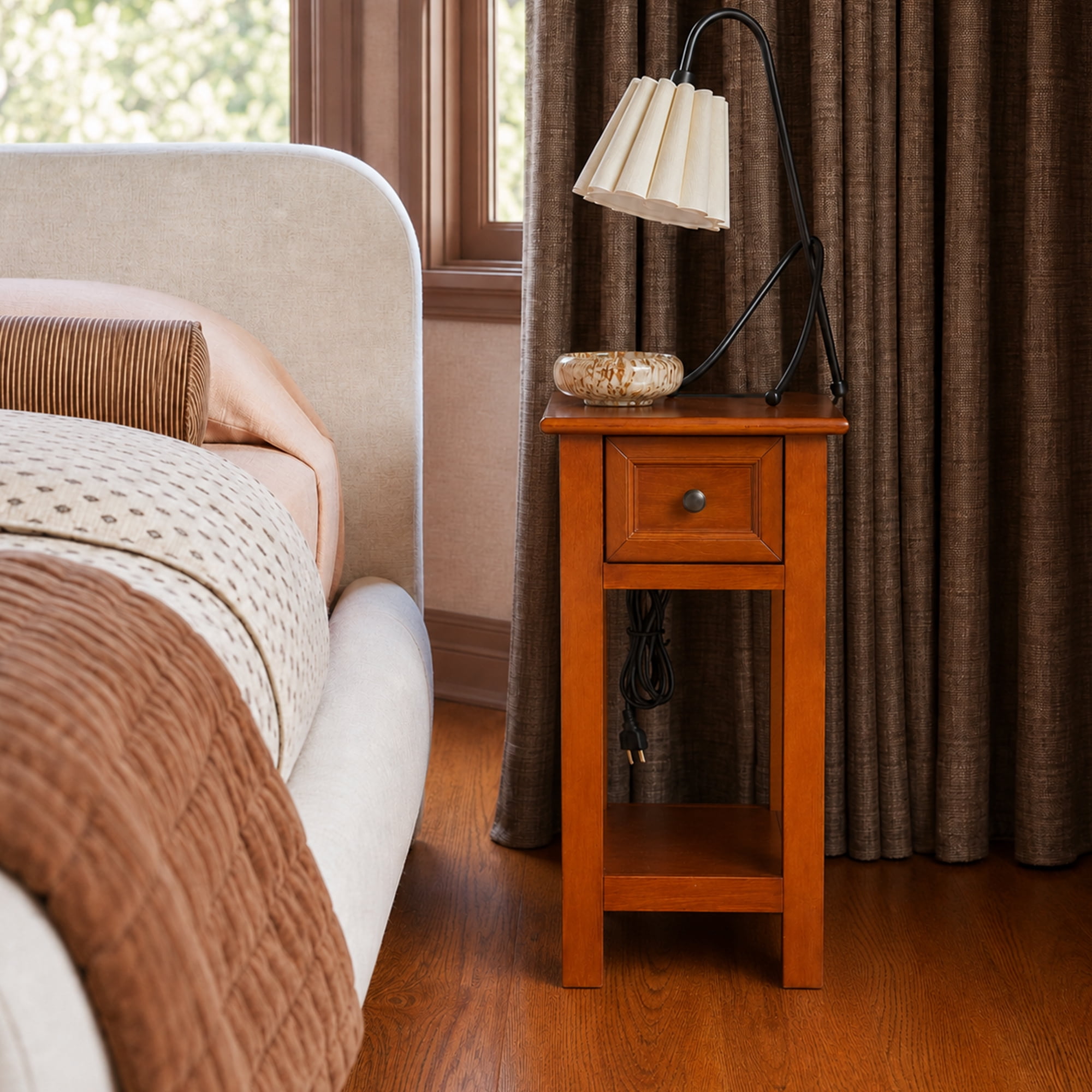 Leumius End Table with Drawer and Shelf, Veneers and Wood Construction Walnut Color for Living Room and Bedroom