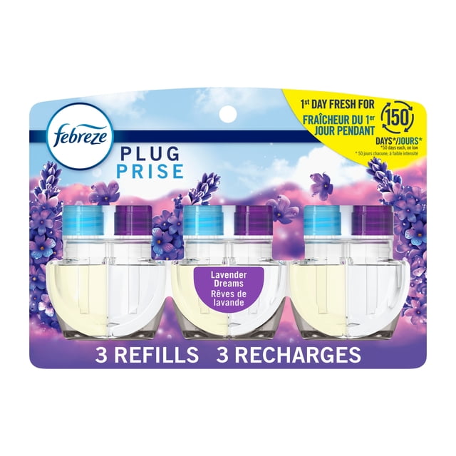 Febreze Désodorisant à Brancher, Recharge d'Huile Parfumée Anti-Odeurs, Parfum Rêves de Lavande, 3 Recharges