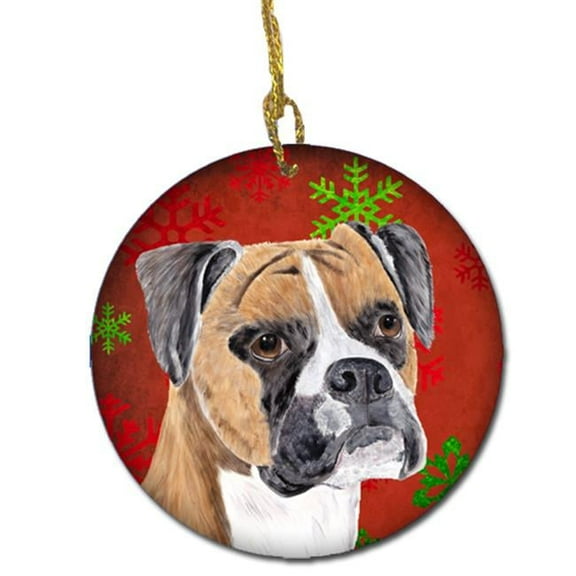 Boxer Red Snowflakes Holiday Christmas Ceramic Ornament