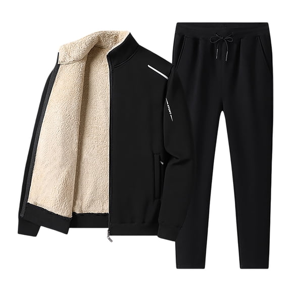 Men Track Suits 2 Piece Set Fall Winter Lined Outdoor Casual Stand Collar Jacket And Trousers Suit Set