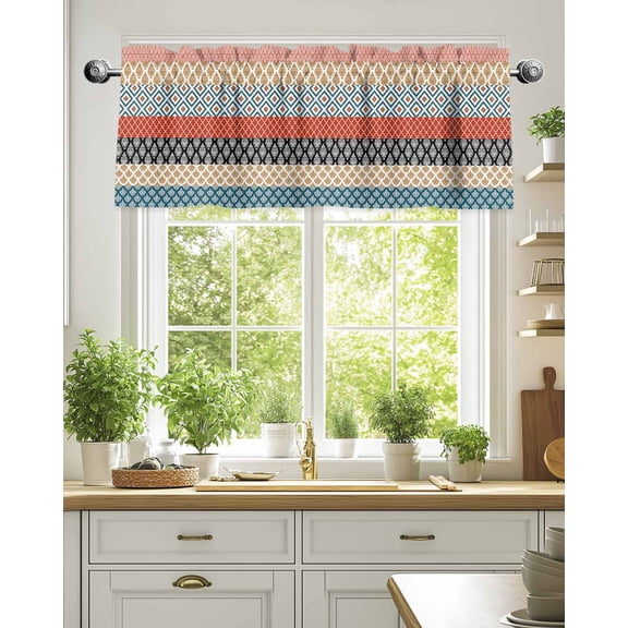 Curtain Valance for Windows,Boho Flower Damask Ethnic Style Kitchen Valances Rod Pocket Short Curtains,Abstract Geometric Patchwork Window Treatment Panel for Bedroom Bathroom 54"x18"