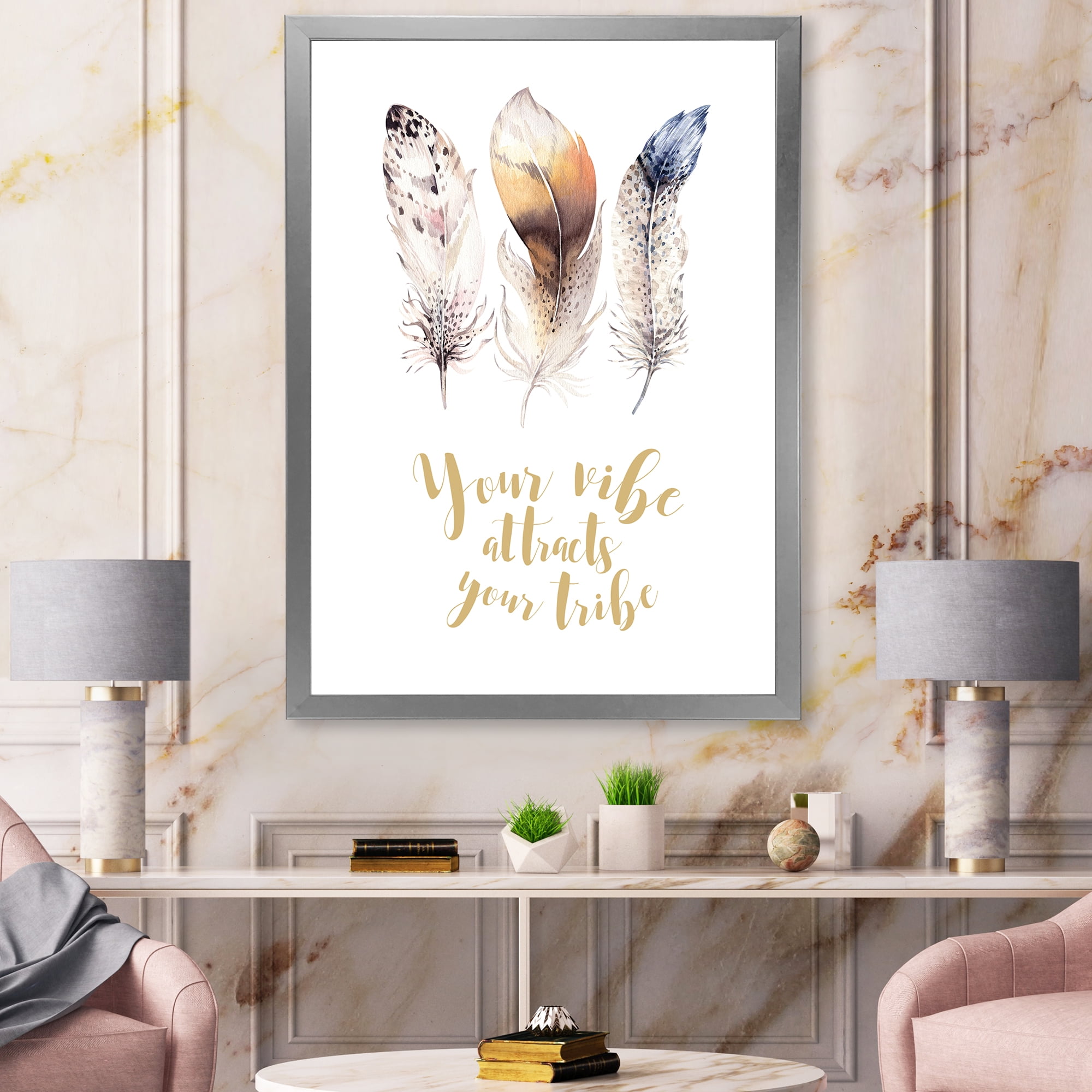 Multi-colored Ethnic Art Feathers With Inspiring Quote 12 in x 20 in Framed Painting Canvas Art Print, by Designart