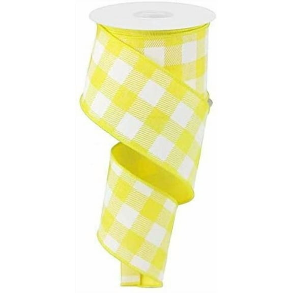 Plaid Check Wired Edge Ribbon - 10 Yards (Yellow, White, 2.5 Inches)