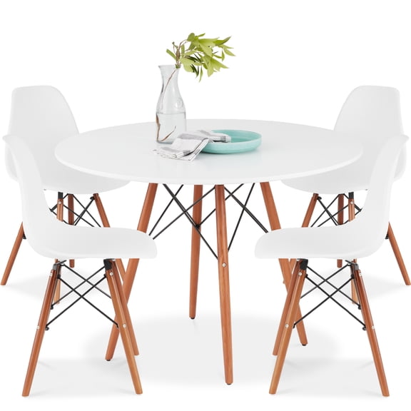 Best Choice Products 5-Piece Compact Mid-Century Modern Dining Set w/ 4 Chairs, Wooden Legs - White/Walnut