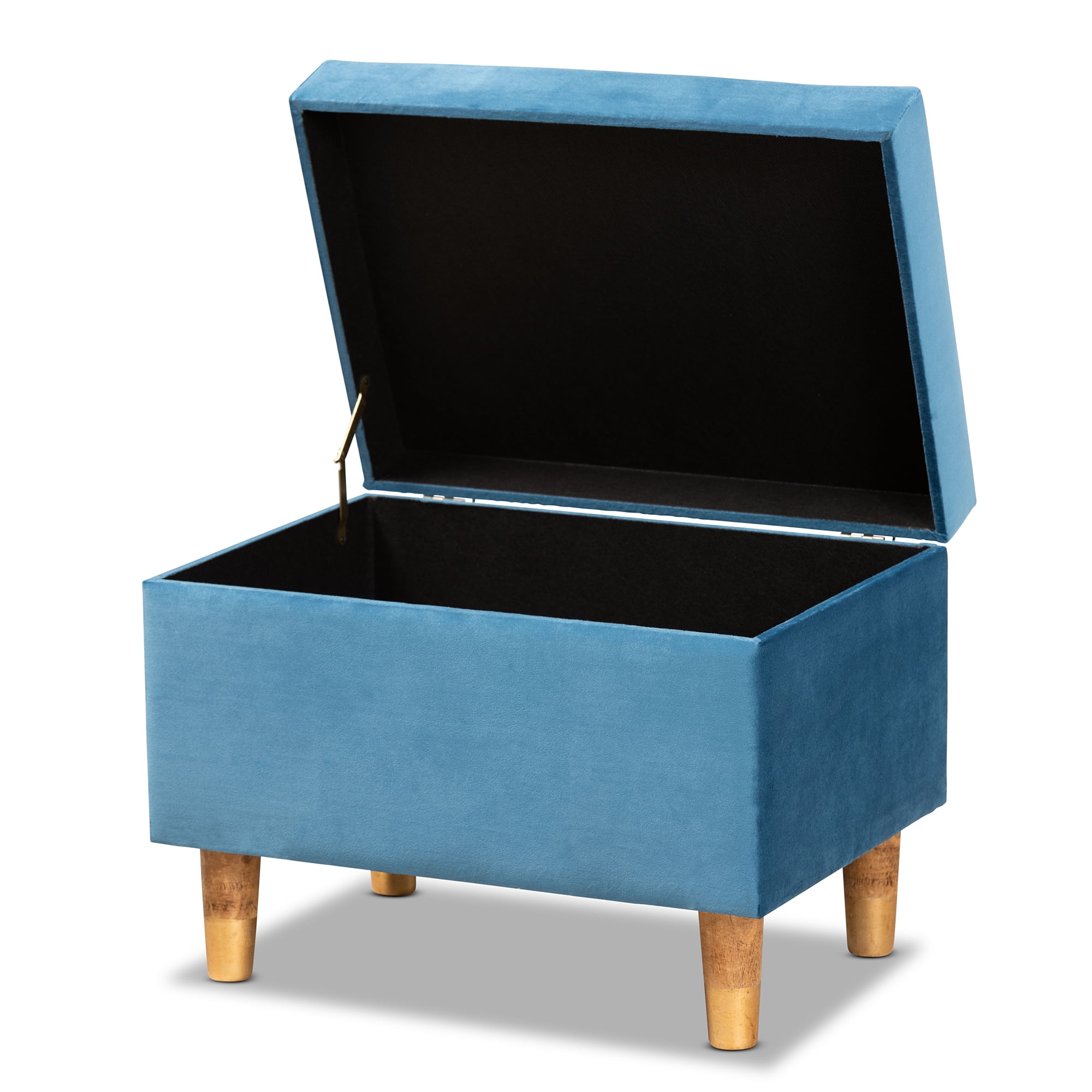 Baxton Studio Elias Modern and Contemporary Sky Blue Velvet Fabric Upholstered and Oak Brown Finished Wood Storage Ottoman