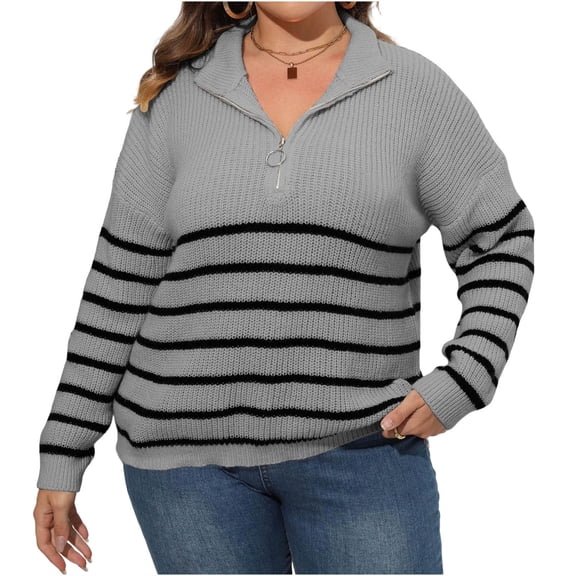 Gytharion Women's Quarter Zip Sweaters Loose Striped Turn Down Collar Long Sleeve Pullover Tops with Ribbed Cuffs Fashion Jumper Tops