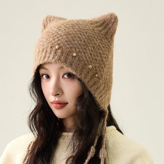 Women Knit Beanie with Cat Ears Pearl Tassel Winter Warm Earflap Hat Cute Style
