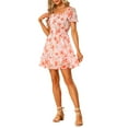 thumbnail image 1 of Allegra K Robe d'Été à Taille Smockée Imprimé Floral Col Carré pour Femmes L Rose, 1 of 6