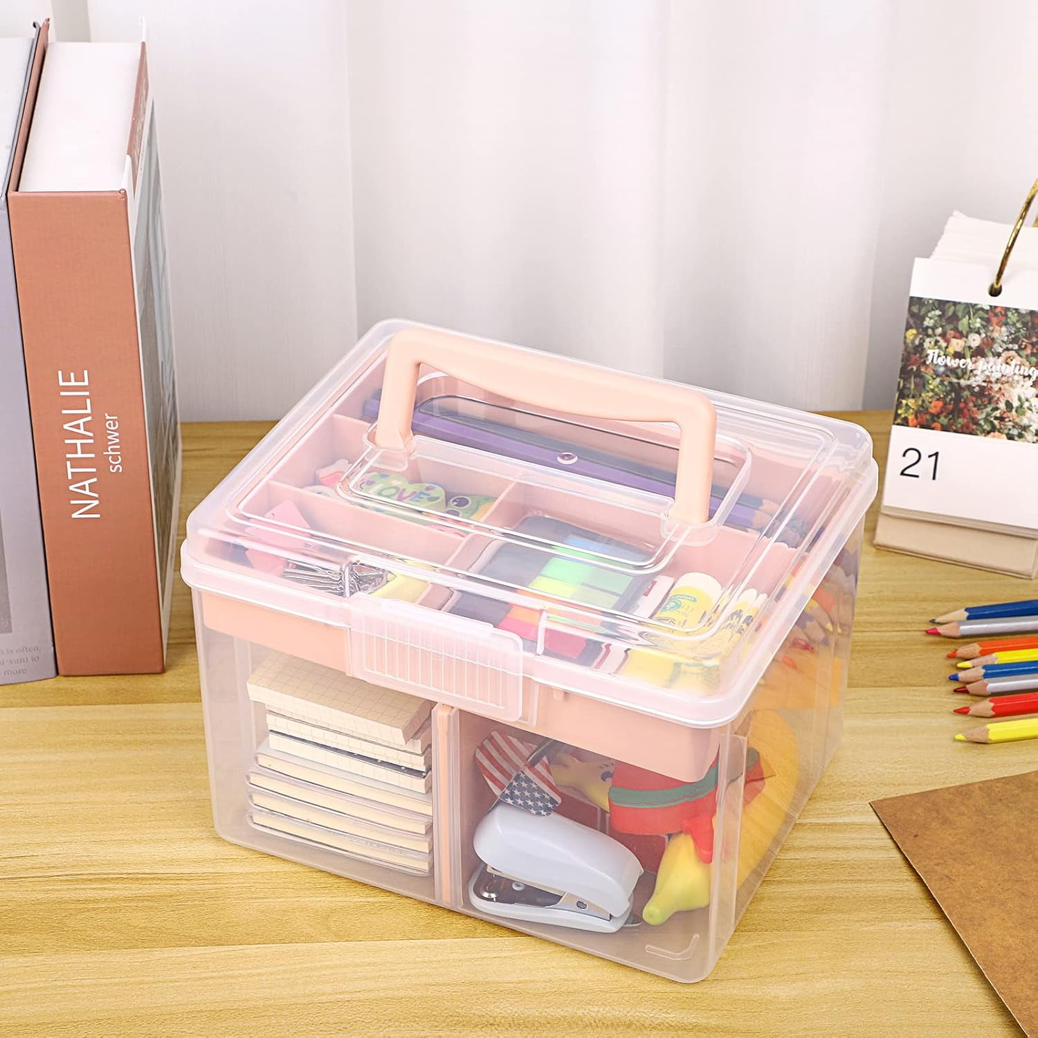 ABPETE 2 Layer Clear Plastic Dividing Storage Box with Removable Tray Multipurpose Stationery Storage Box with Handle Portable Sewing Box Art Craft Supply Organizer Home Utility Box (Small Pink)