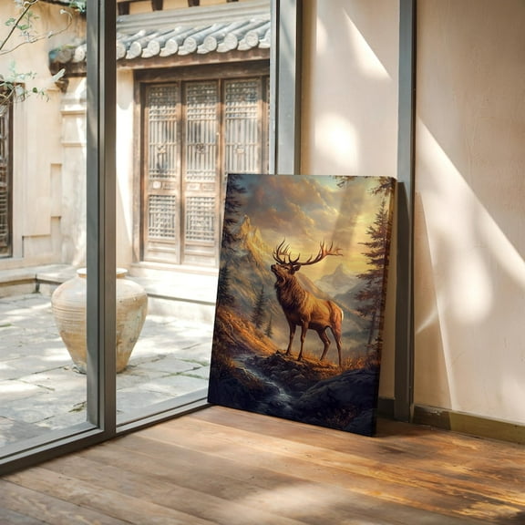 Velto Majestic Elk Canvas Wall Art Mountain Sunset Wildlife Scene Rustic Cabin Nature Decor, SIZE 8x10 INCLUDE Pine Wood Frame 0.75-Inch