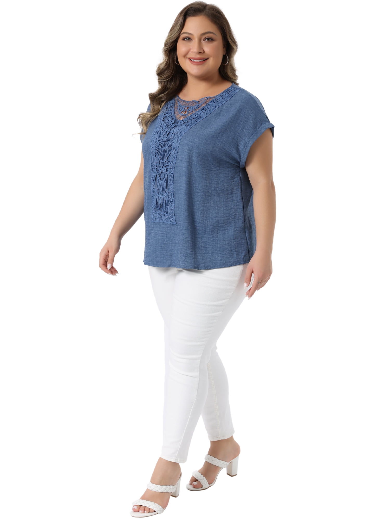 DARING DIVA Women's Plus Lace Shirts Boho V Neck Crochet Blouse 4X Blue