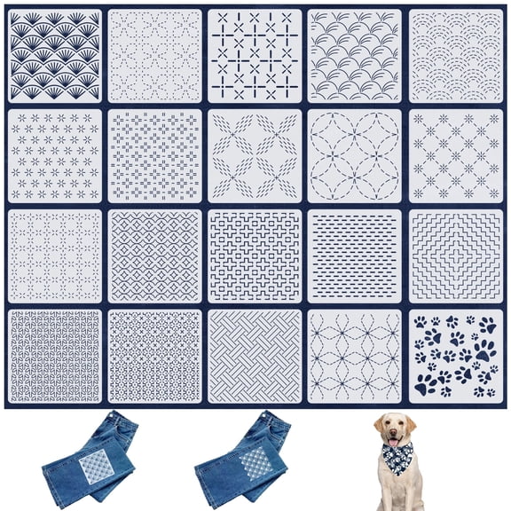 20 Pcs Sashiko Stencils – 5.1 x 5.1 Inch Plastic Templates with 20 Unique Designs for Embroidery, Quilting, Sewing & Crafts