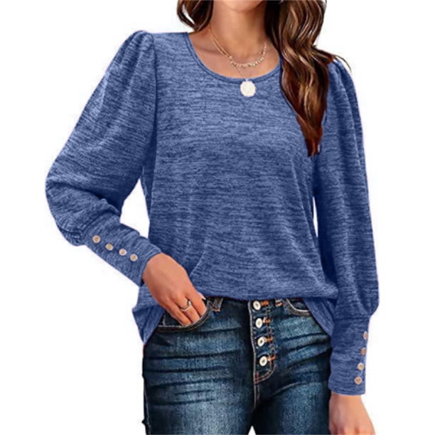 Camiseta básica suave de manga larga con botones para mujer, camiseta lisa informal con cuello redondo, Tops sencillos holgados para mujer, ropa de calle 2022