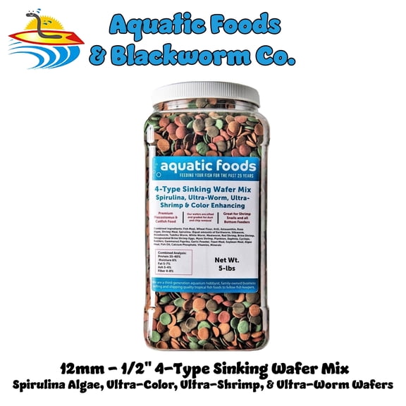 4-Type 1/2" Sinking Wafer Mix of Spirulina-Algae, Ultra-Worm, Ultra-Shrimp, Color Enhancing Wafers for Shrimp, Snails, Crabs, Crayfish, All Tropical Fish..5-lb Lg Jar