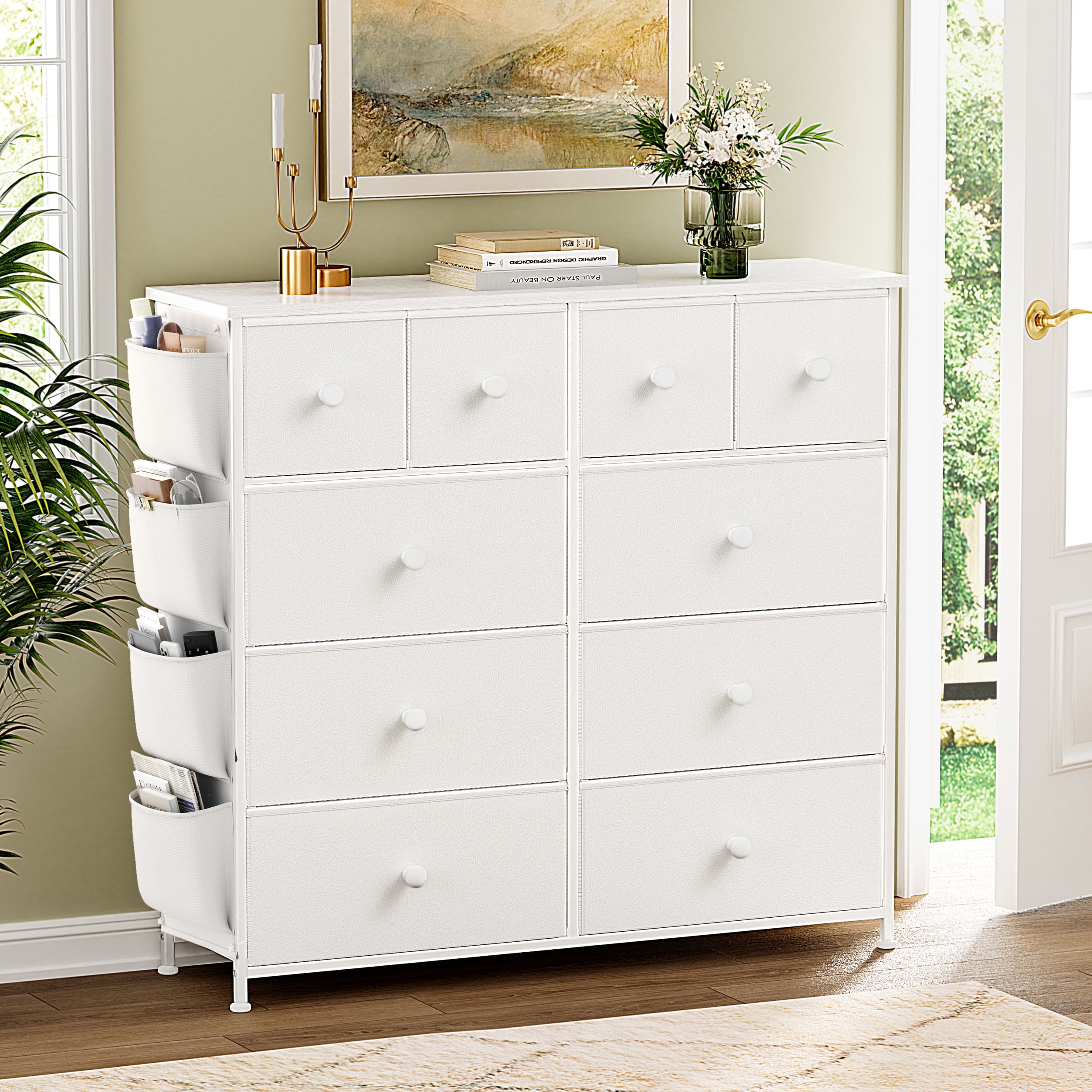 KOUSEI 10 Drawer Dresser,Fabric Dressers for Bedroom,Chest of Drawers with 4 Side Pockets,Storage Drawers,White