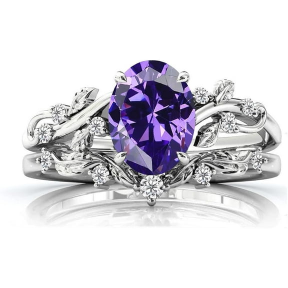 Gems Jewels Women's 925 Sterling Silver 2.25 Ct Oval Cut Purple Amethyst Christmas Thanksgiving Engagement Bridal Ring Set 14K White Gold Plated -5