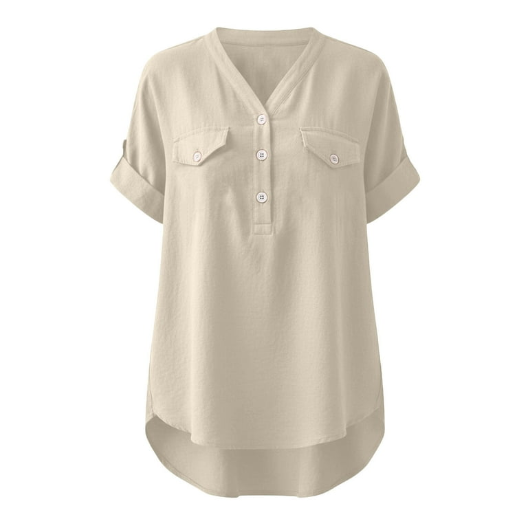 Niwicee Zomershirts voor dames, korte mouwen, katoenen overhemd met knopen, effen kleur, basic casual blouse, flip fold manchetten, losse pasvorm tops, legergroen, XXL