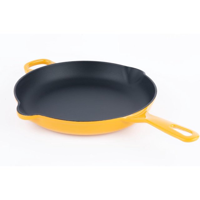 Chuck Hughes Poêle à Frire Ronde en Fonte 26 cm – Poêle Pré-Assaisonnée avec Poignée d'Assistance, Poêle de Cuisson Robuste pour l'Intérieur et l'Extérieur pour Viandes, Légumes et Plats de Déjeuner (Goldfinch Yellow)