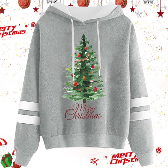 WILLBEST essentials hoodie Women's and Winter Fashionable Christmas Tree Print Drawstring Hooded Sweatshirt hoody ladies